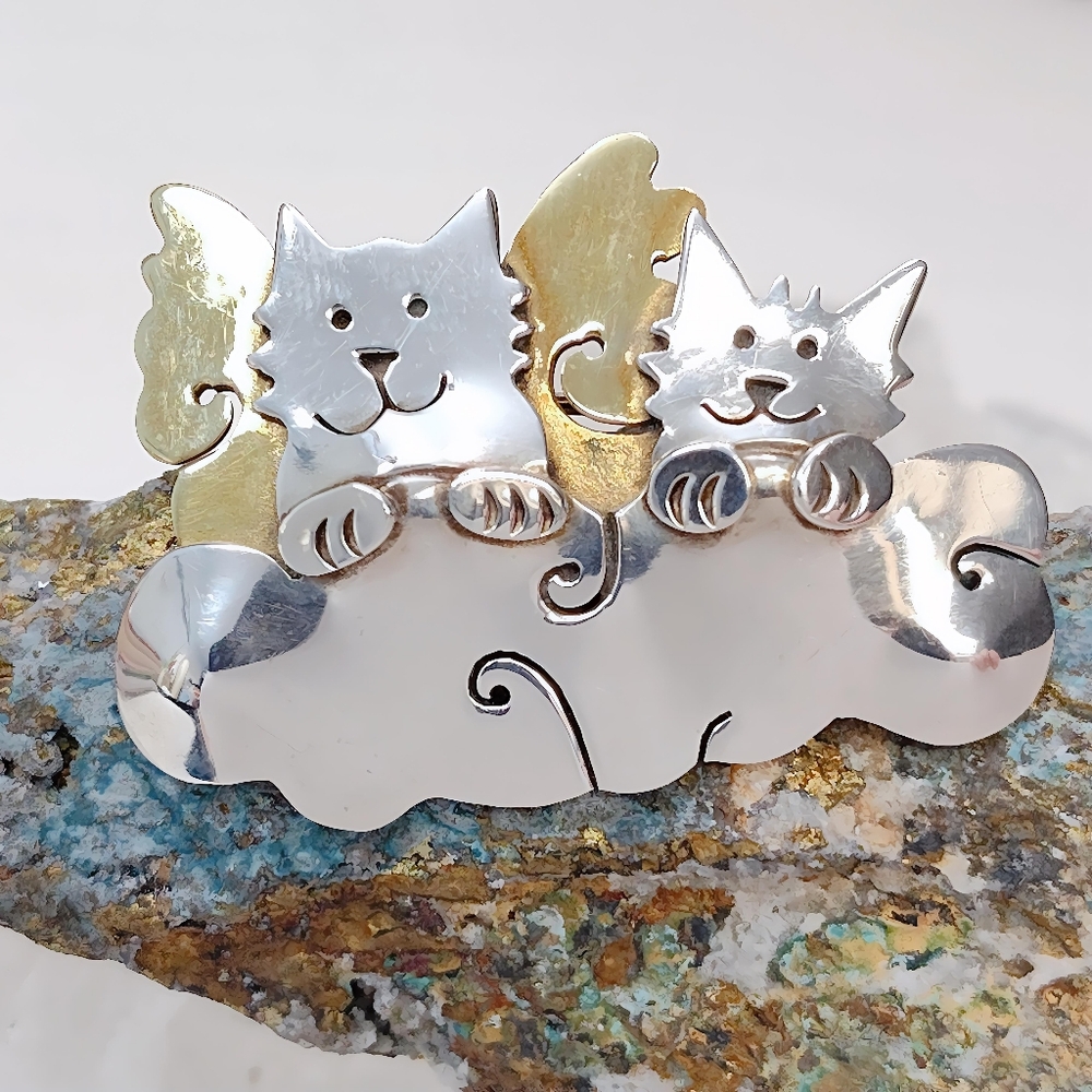 Vintage Far Fetched Sterling Silver Brass Furry Pets Guardian Angel Brooch Pin - Picture 1 of 11
